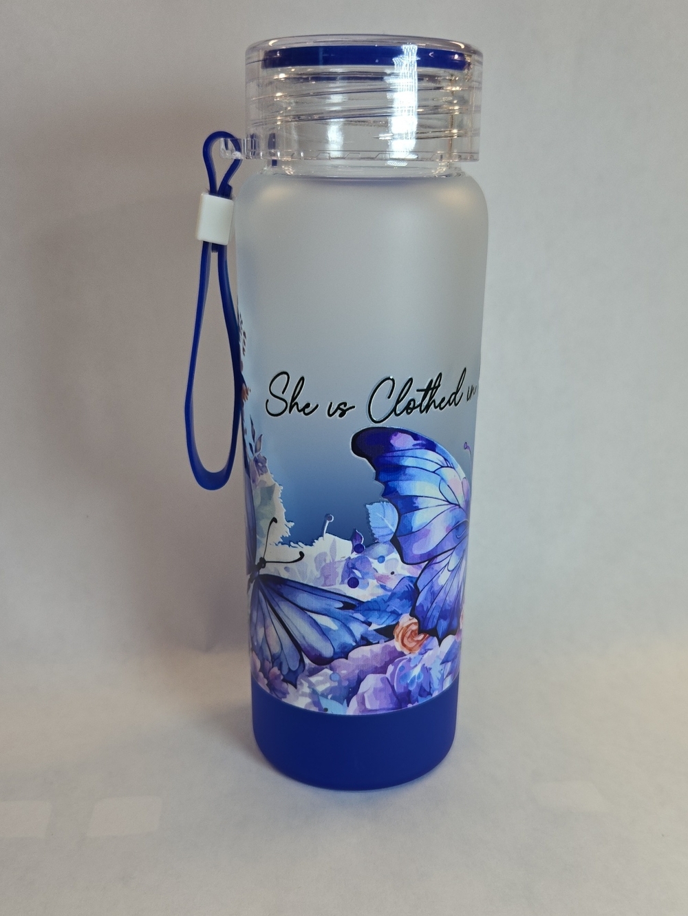 Blue Butterfly Glass Water Bottle with Carry Strap
